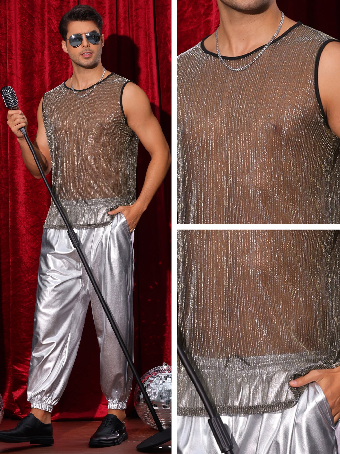 Bublédon Shining Tank Top for Men's Party Round Neck Sheer See Through Glitter Sparky Sleeveless Vest T-Shirt