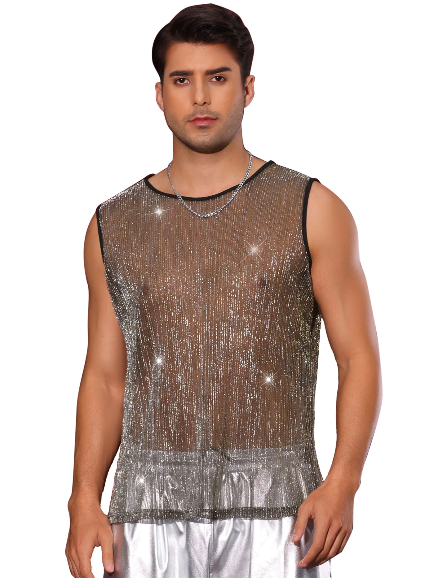 Bublédon Shining Tank Top for Men's Party Round Neck Sheer See Through Glitter Sparky Sleeveless Vest T-Shirt