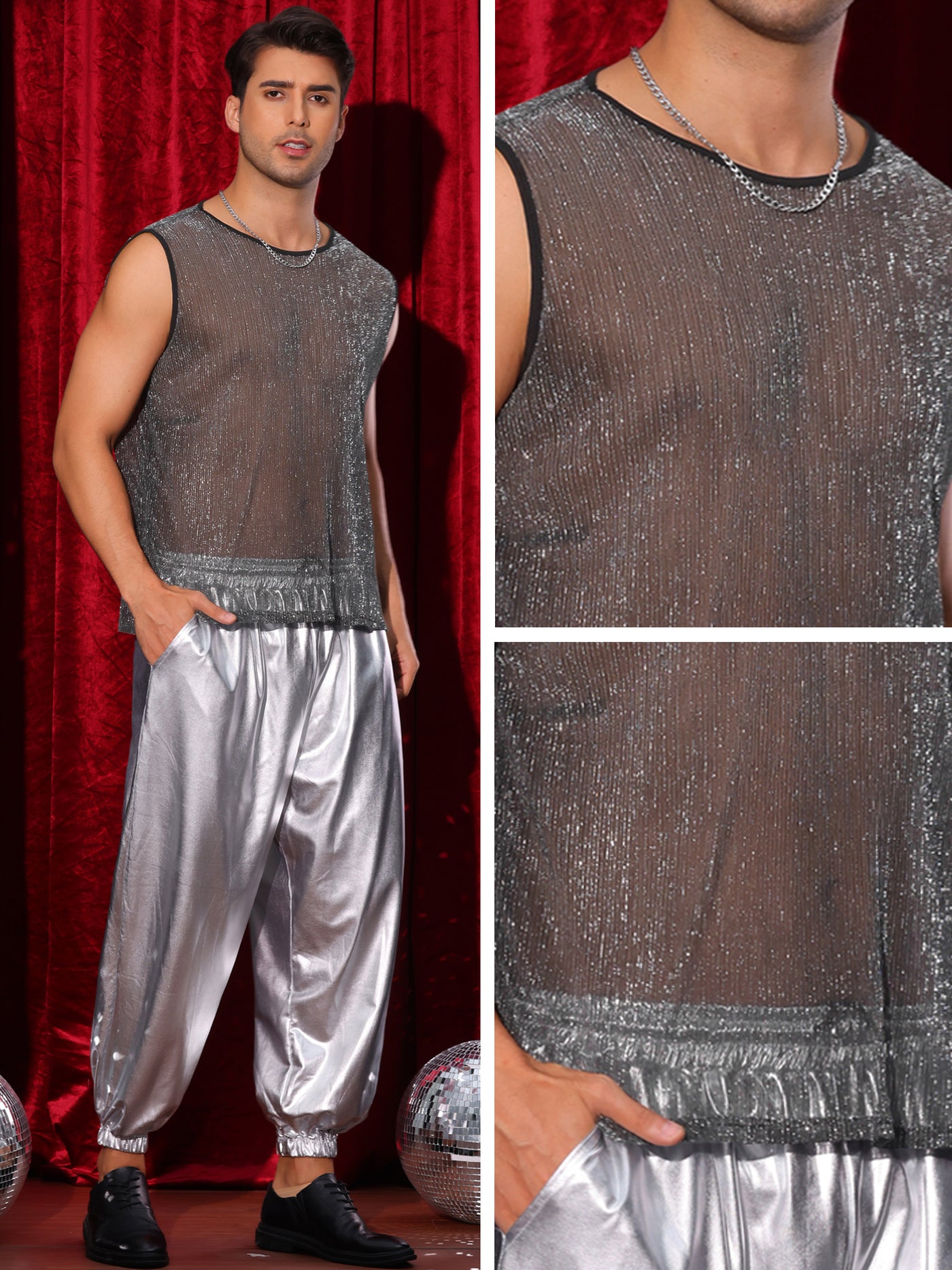 Bublédon Shining Tank Top for Men's Party Round Neck Sheer See Through Glitter Sparky Sleeveless Vest T-Shirt