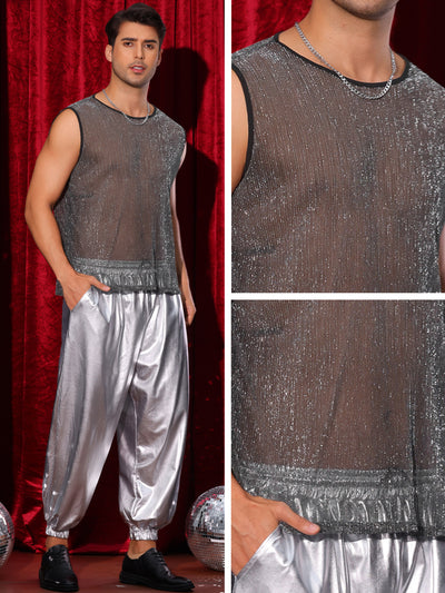 Shining Tank Top for Men's Party Round Neck Sheer See Through Glitter Sparky Sleeveless Vest T-Shirt