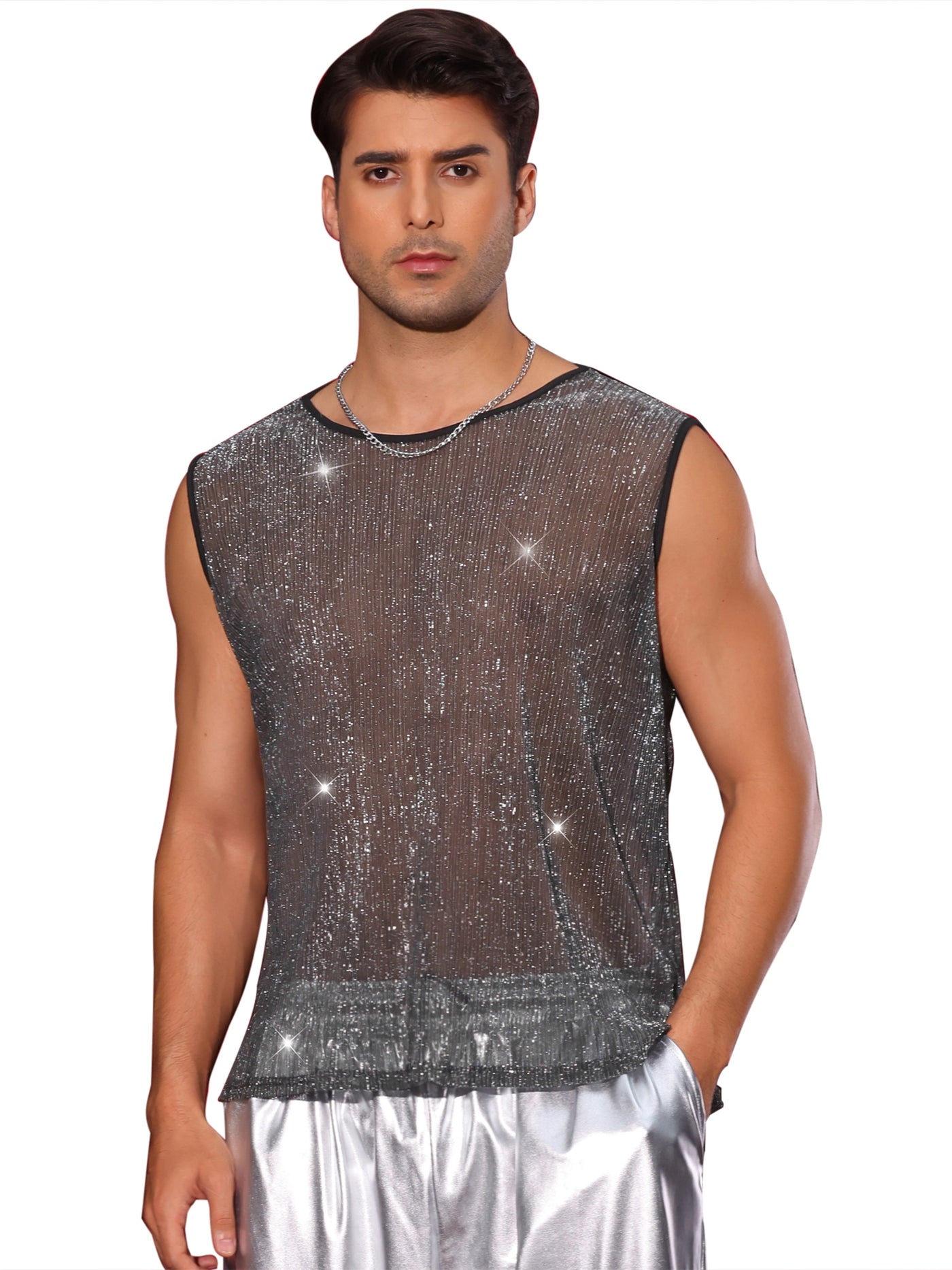 Bublédon Shining Tank Top for Men's Party Round Neck Sheer See Through Glitter Sparky Sleeveless Vest T-Shirt