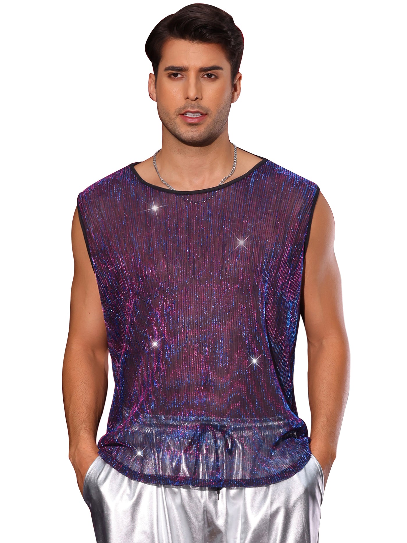 Bublédon Shining Tank Top for Men's Party Round Neck Sheer See Through Glitter Sparky Sleeveless Vest T-Shirt