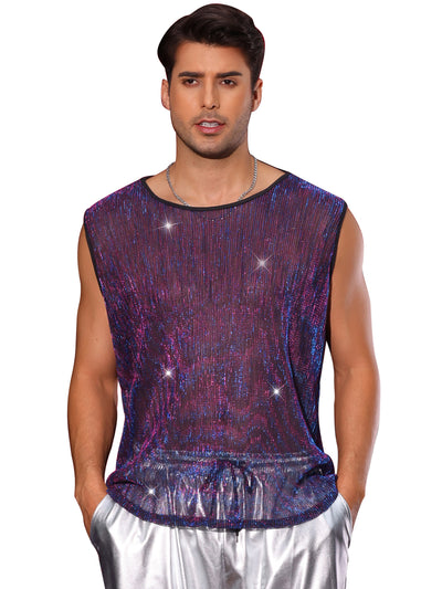 Shining Tank Top for Men's Party Round Neck Sheer See Through Glitter Sparky Sleeveless Vest T-Shirt