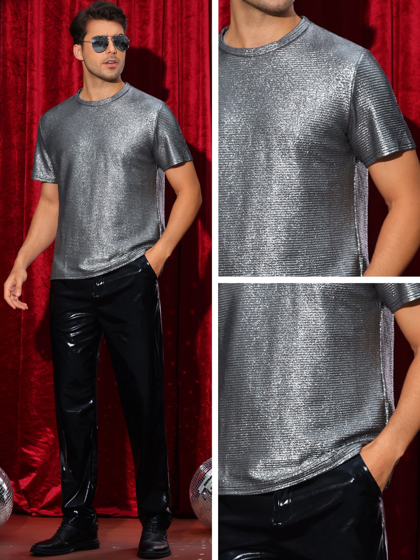 Bublédon Glitter T Shirt for Men's Short Sleeve Metallic Party Tees Nightout Sparkly T-Shirts