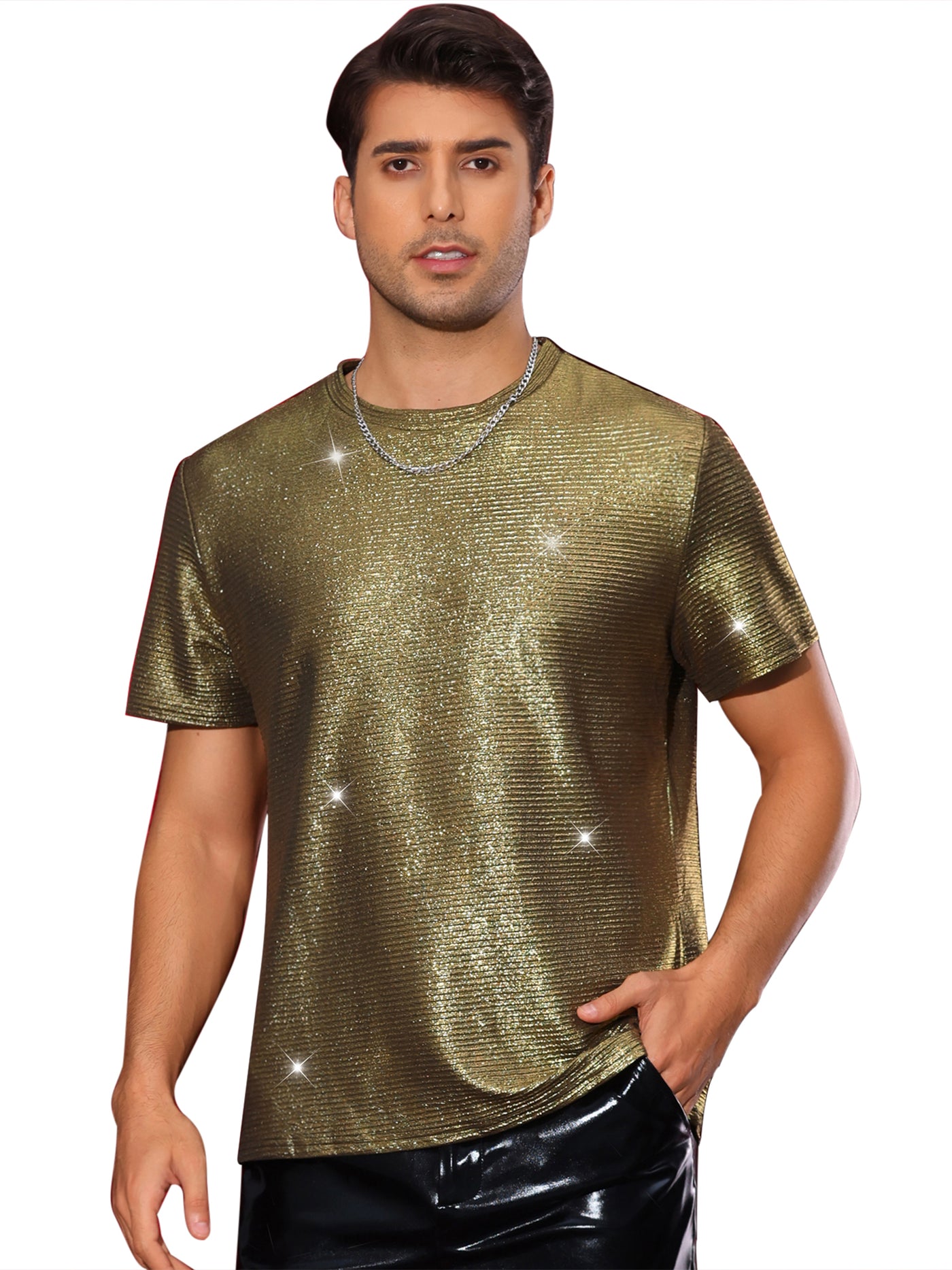 Bublédon Glitter T Shirt for Men's Short Sleeve Metallic Party Tees Nightout Sparkly T-Shirts