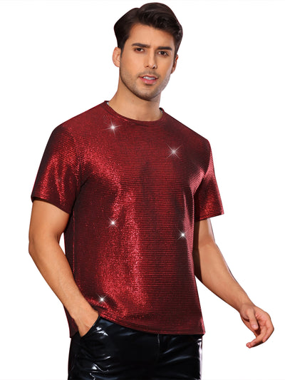 Glitter T Shirt for Men's Short Sleeve Metallic Party Tees Nightout Sparkly T-Shirts