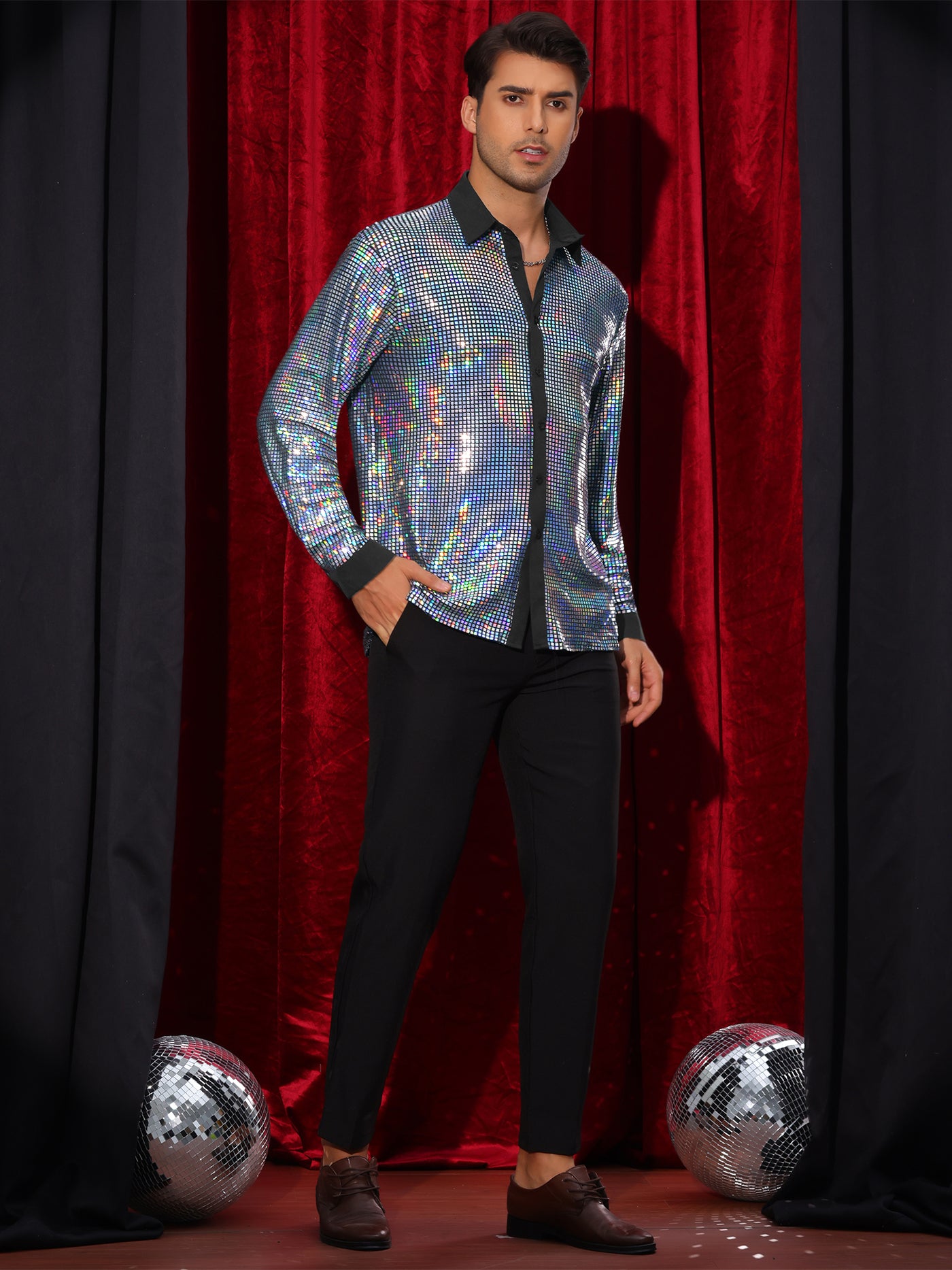 Bublédon Sequin Shirt for Men's Button Down Long Sleeves Disco Metallic Shiny Shirts