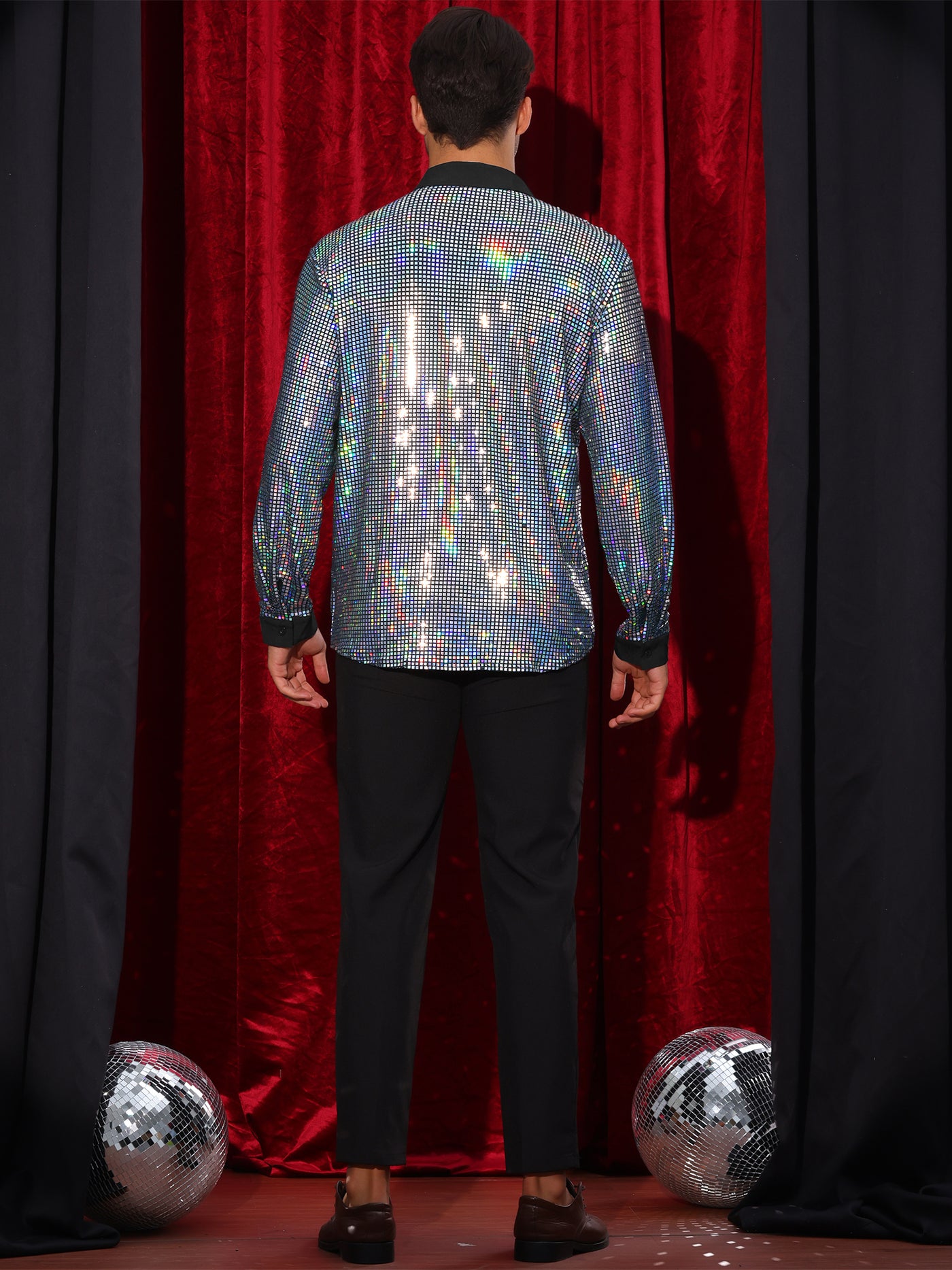 Bublédon Sequin Shirt for Men's Button Down Long Sleeves Disco Metallic Shiny Shirts