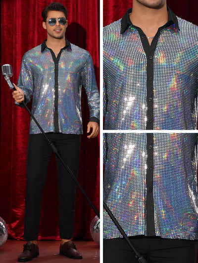 Sequin Shirt for Men's Button Down Long Sleeves Disco Metallic Shiny Shirts