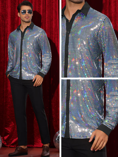 Sequin Shirt for Men's Button Down Long Sleeves Disco Metallic Shiny Shirts