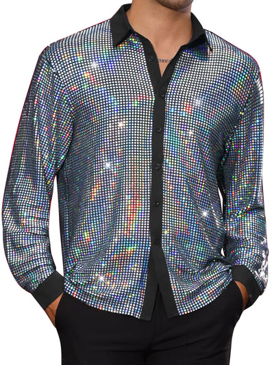 Sequin Shirt for Men's Button Down Long Sleeves Disco Metallic Shiny Shirts