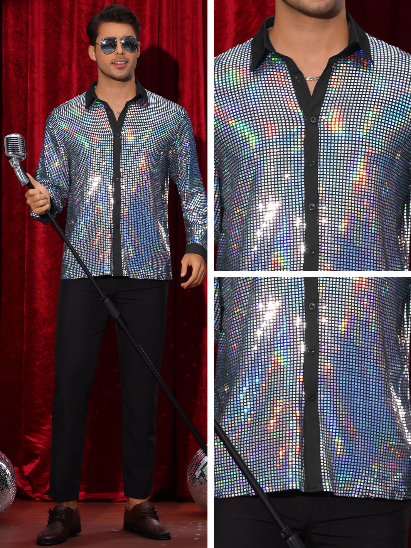 Bublédon Sequin Shirt for Men's Button Down Long Sleeves Disco Metallic Shiny Shirts