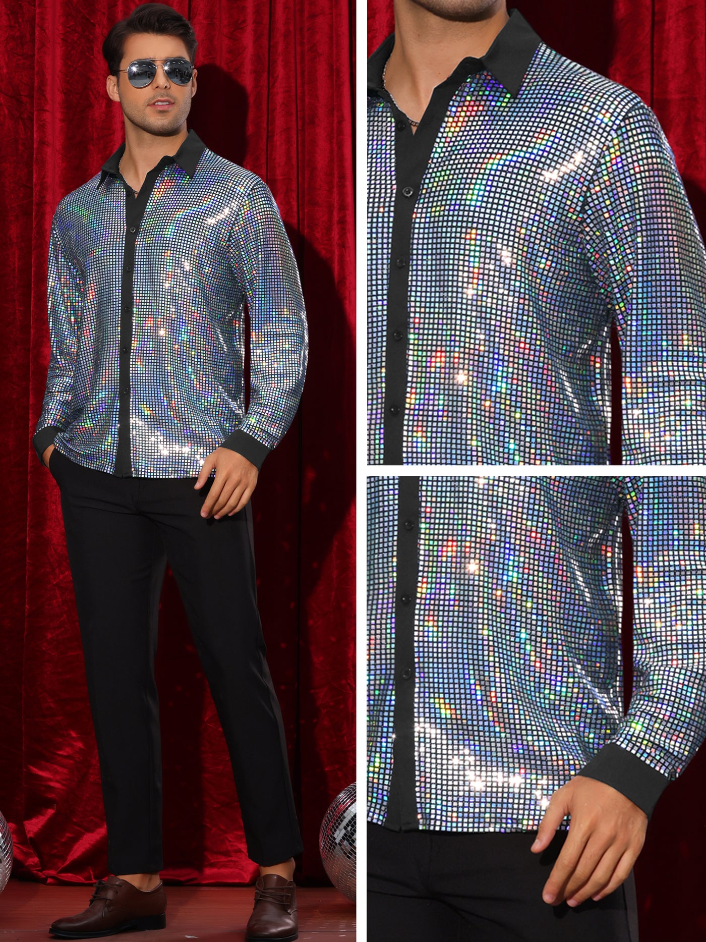 Bublédon Sequin Shirt for Men's Button Down Long Sleeves Disco Metallic Shiny Shirts