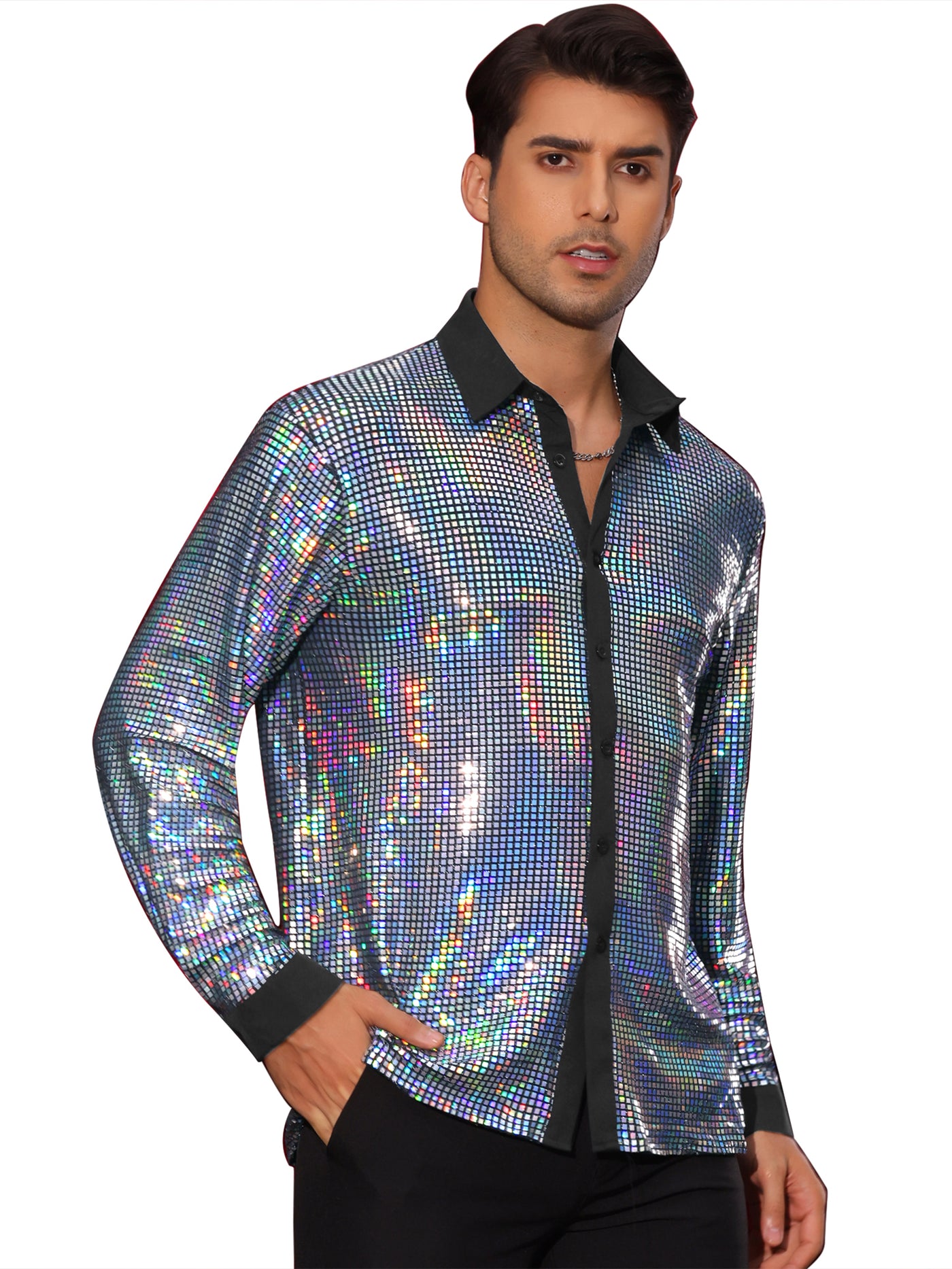 Bublédon Sequin Shirt for Men's Button Down Long Sleeves Disco Metallic Shiny Shirts