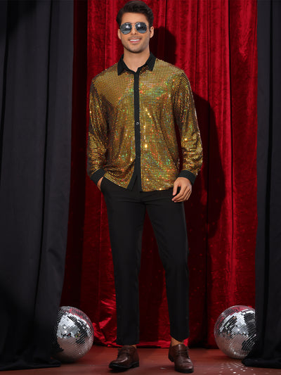 Bublédon Sequin Shirt for Men's Button Down Long Sleeves Disco Metallic Shiny Shirts