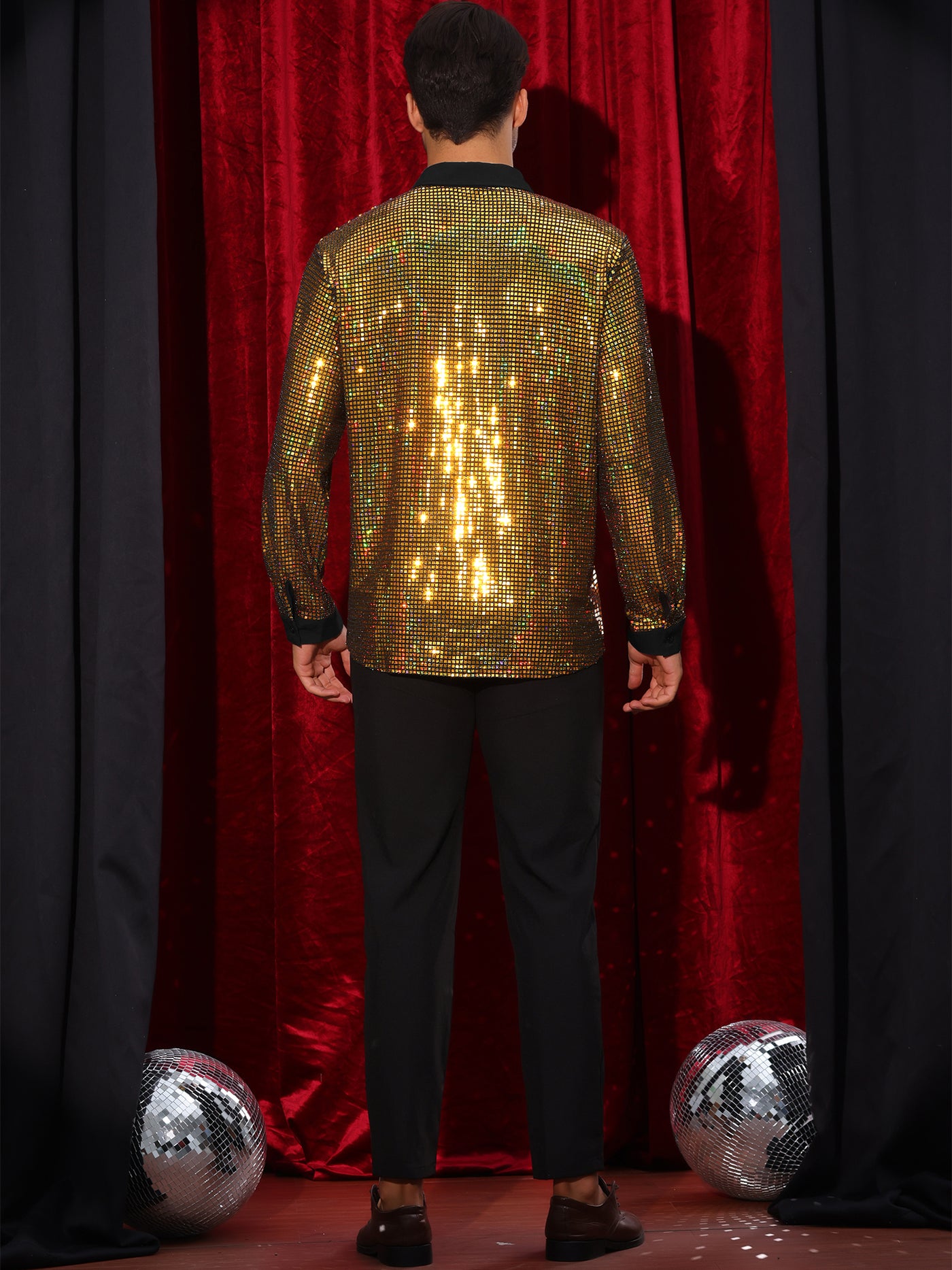 Bublédon Sequin Shirt for Men's Button Down Long Sleeves Disco Metallic Shiny Shirts