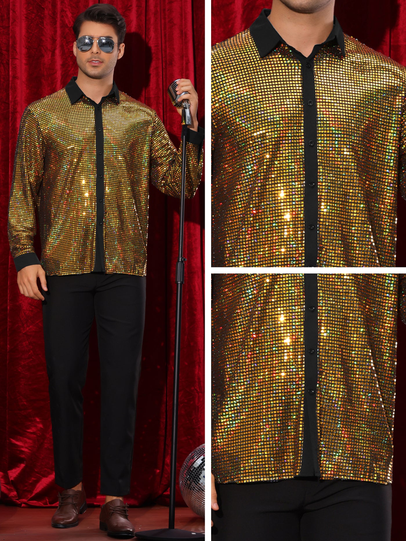 Bublédon Sequin Shirt for Men's Button Down Long Sleeves Disco Metallic Shiny Shirts