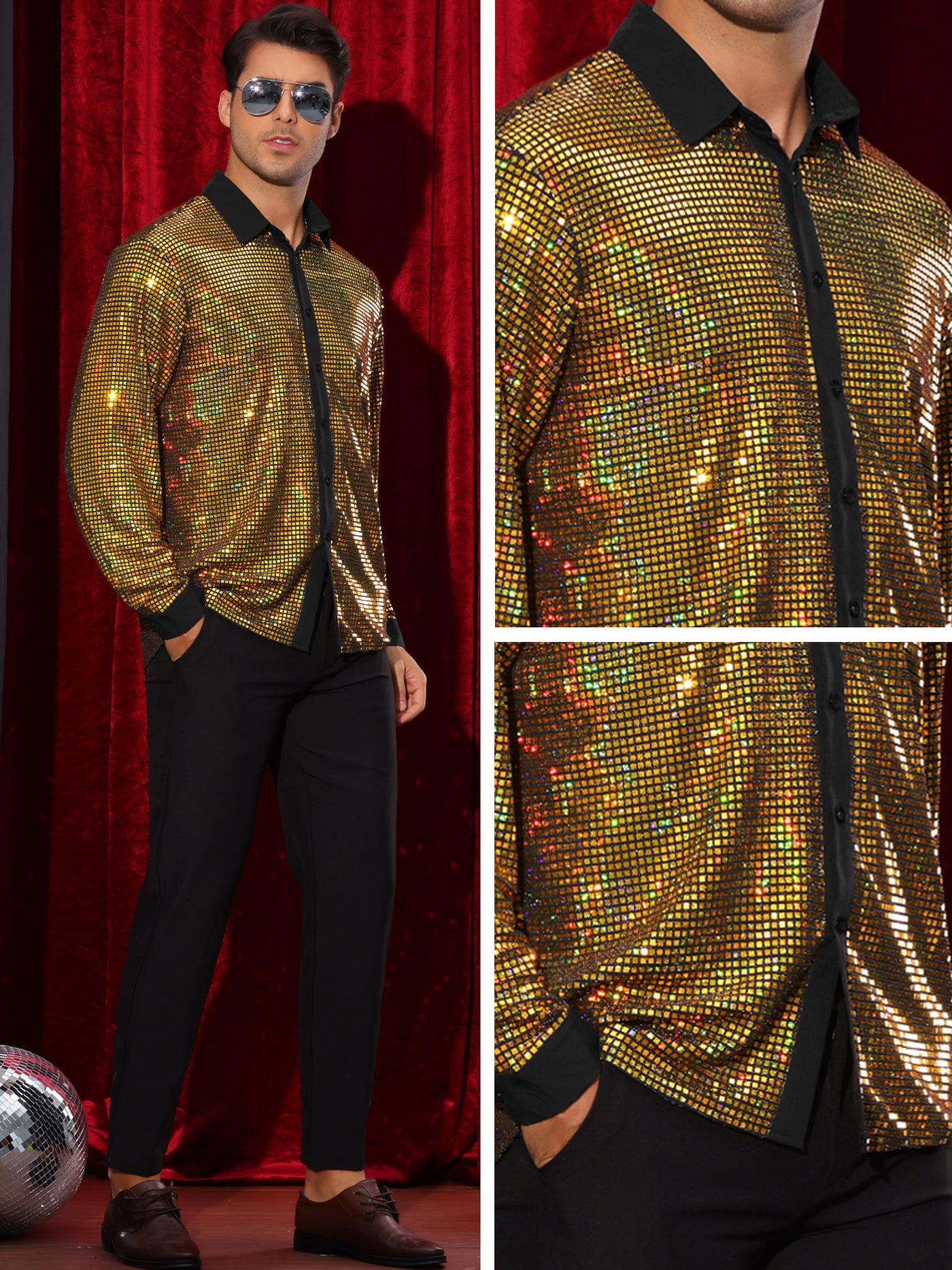 Bublédon Sequin Shirt for Men's Button Down Long Sleeves Disco Metallic Shiny Shirts