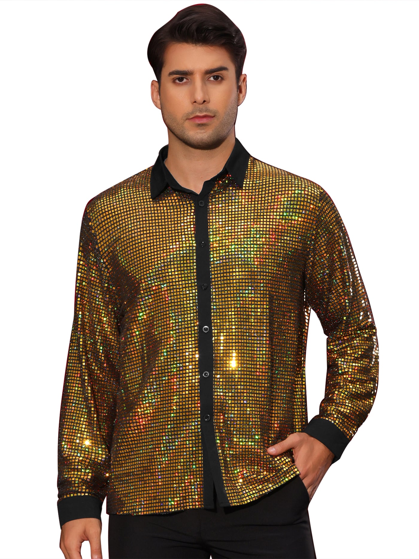 Bublédon Sequin Shirt for Men's Button Down Long Sleeves Disco Metallic Shiny Shirts