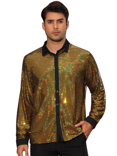 Sequin Shirt for Men's Button Down Long Sleeves Disco Metallic Shiny Shirts