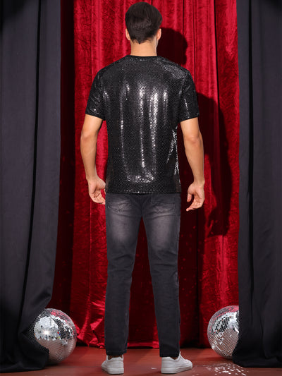 Sequin T Shirt for Men's Party Short Sleeve Metallic Tops Club Trendy Glitter T-Shirts