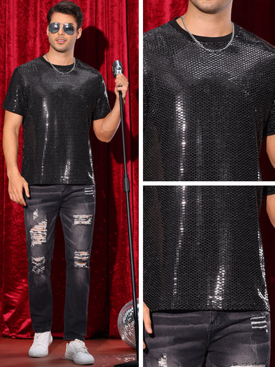 Sequin T Shirt for Men's Party Short Sleeve Metallic Tops Club Trendy Glitter T-Shirts