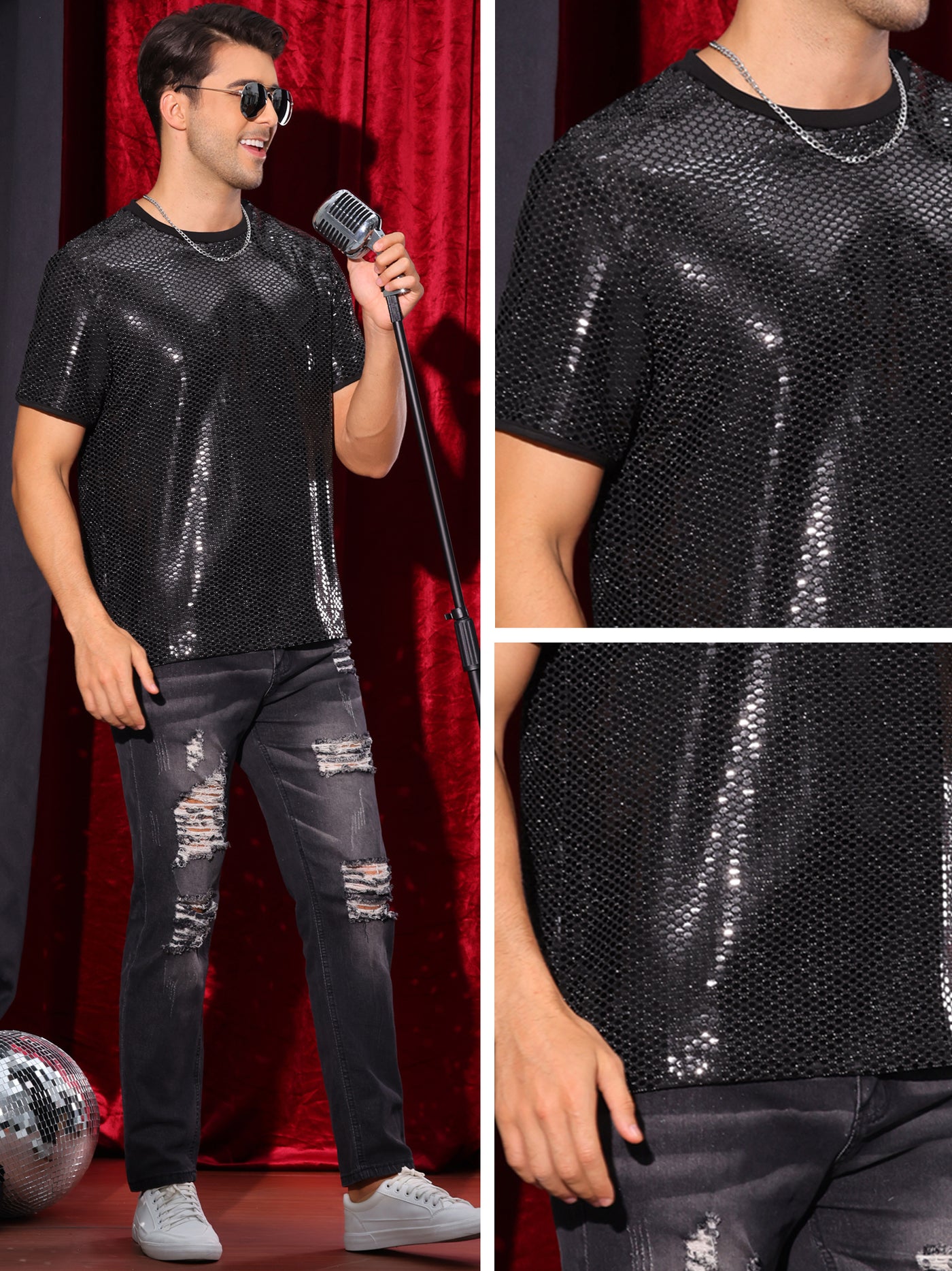 Bublédon Sequin T Shirt for Men's Party Short Sleeve Metallic Tops Club Trendy Glitter T-Shirts