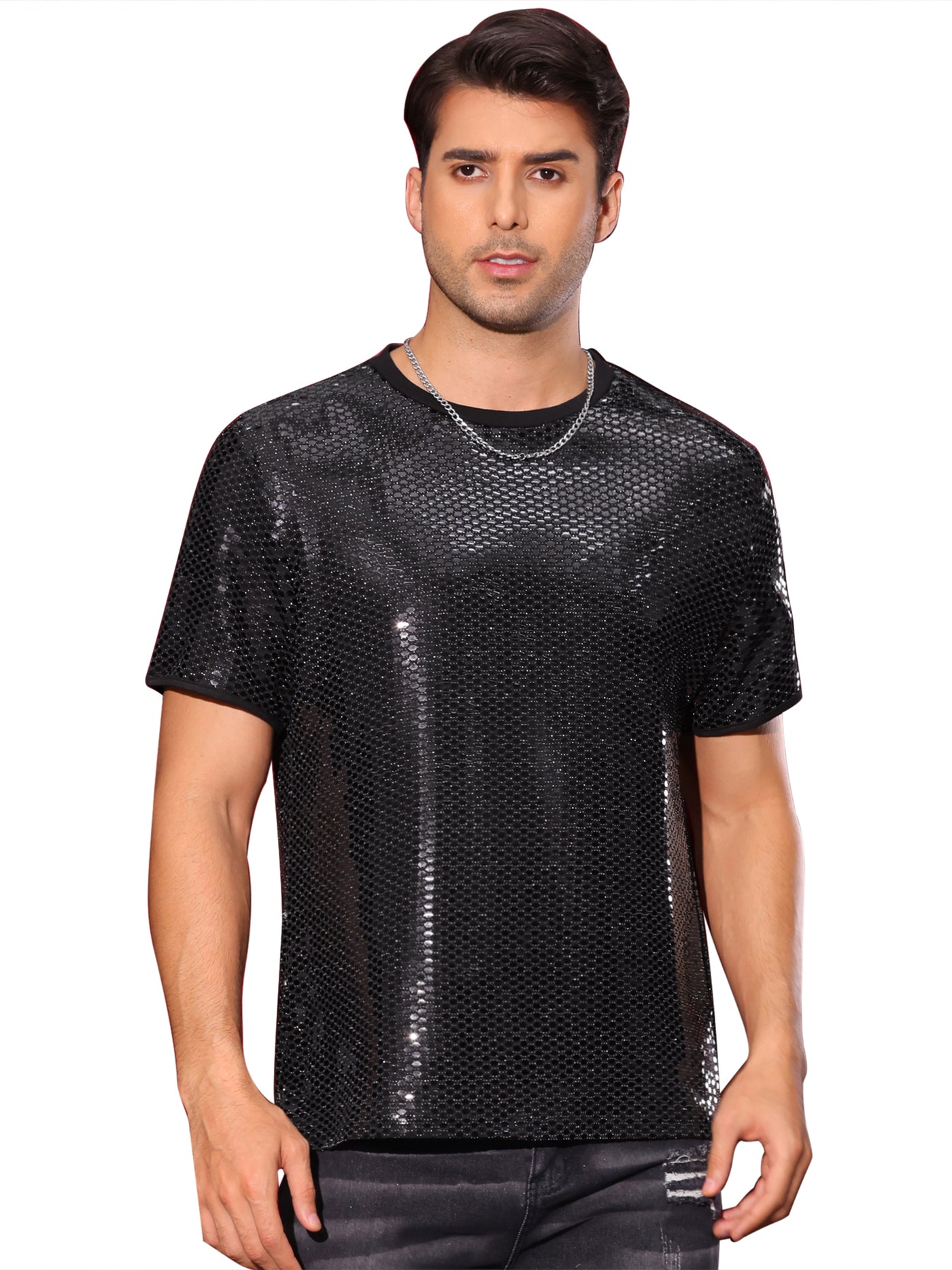 Bublédon Sequin T Shirt for Men's Party Short Sleeve Metallic Tops Club Trendy Glitter T-Shirts