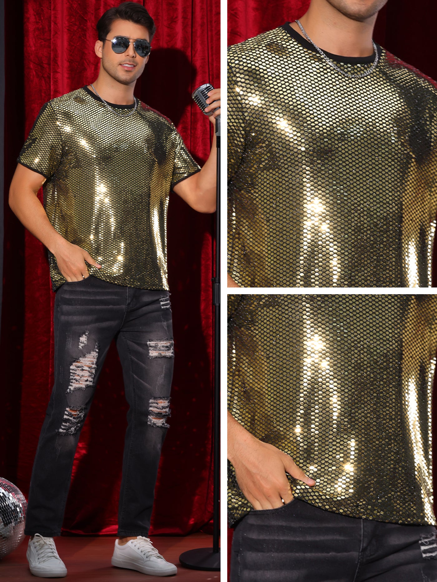 Bublédon Sequin T Shirt for Men's Party Short Sleeve Metallic Tops Club Trendy Glitter T-Shirts