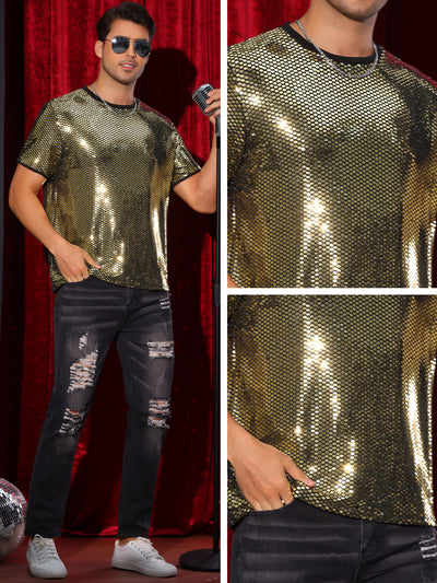 Sequin T Shirt for Men's Party Short Sleeve Metallic Tops Club Trendy Glitter T-Shirts