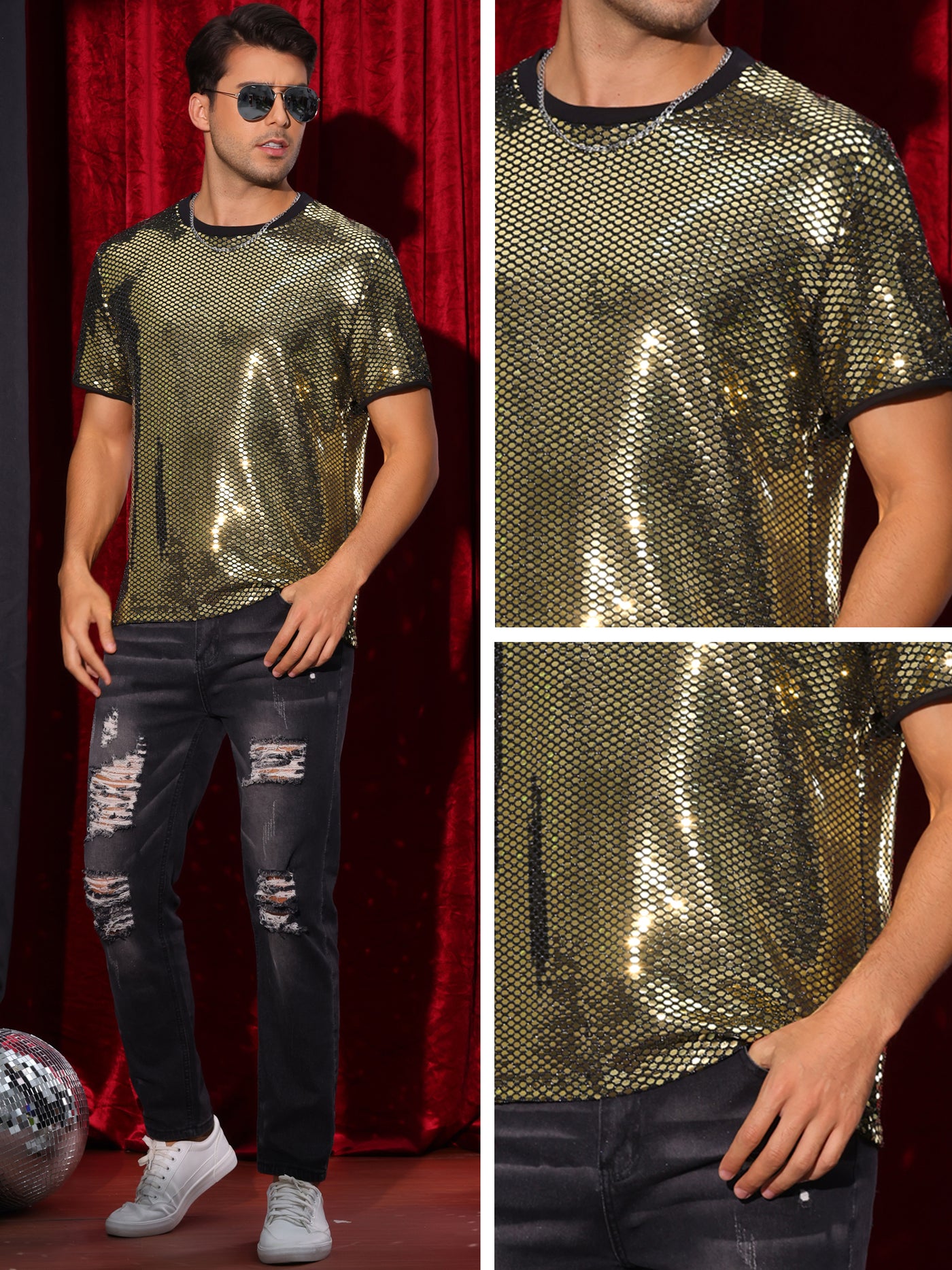 Bublédon Sequin T Shirt for Men's Party Short Sleeve Metallic Tops Club Trendy Glitter T-Shirts