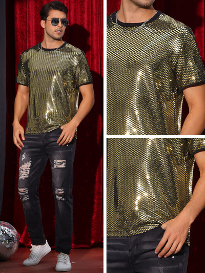 Sequin T Shirt for Men's Party Short Sleeve Metallic Tops Club Trendy Glitter T-Shirts