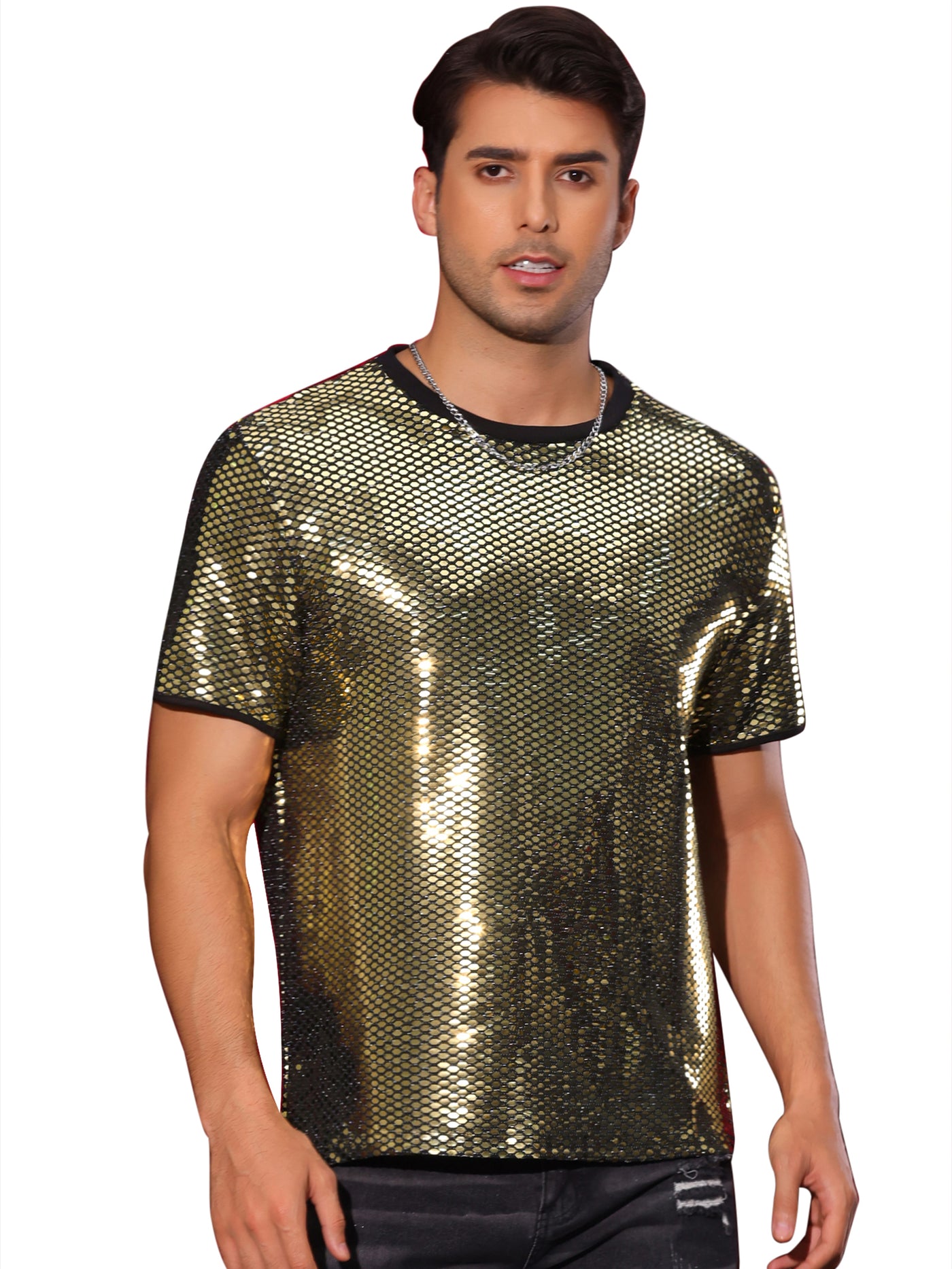 Bublédon Sequin T Shirt for Men's Party Short Sleeve Metallic Tops Club Trendy Glitter T-Shirts