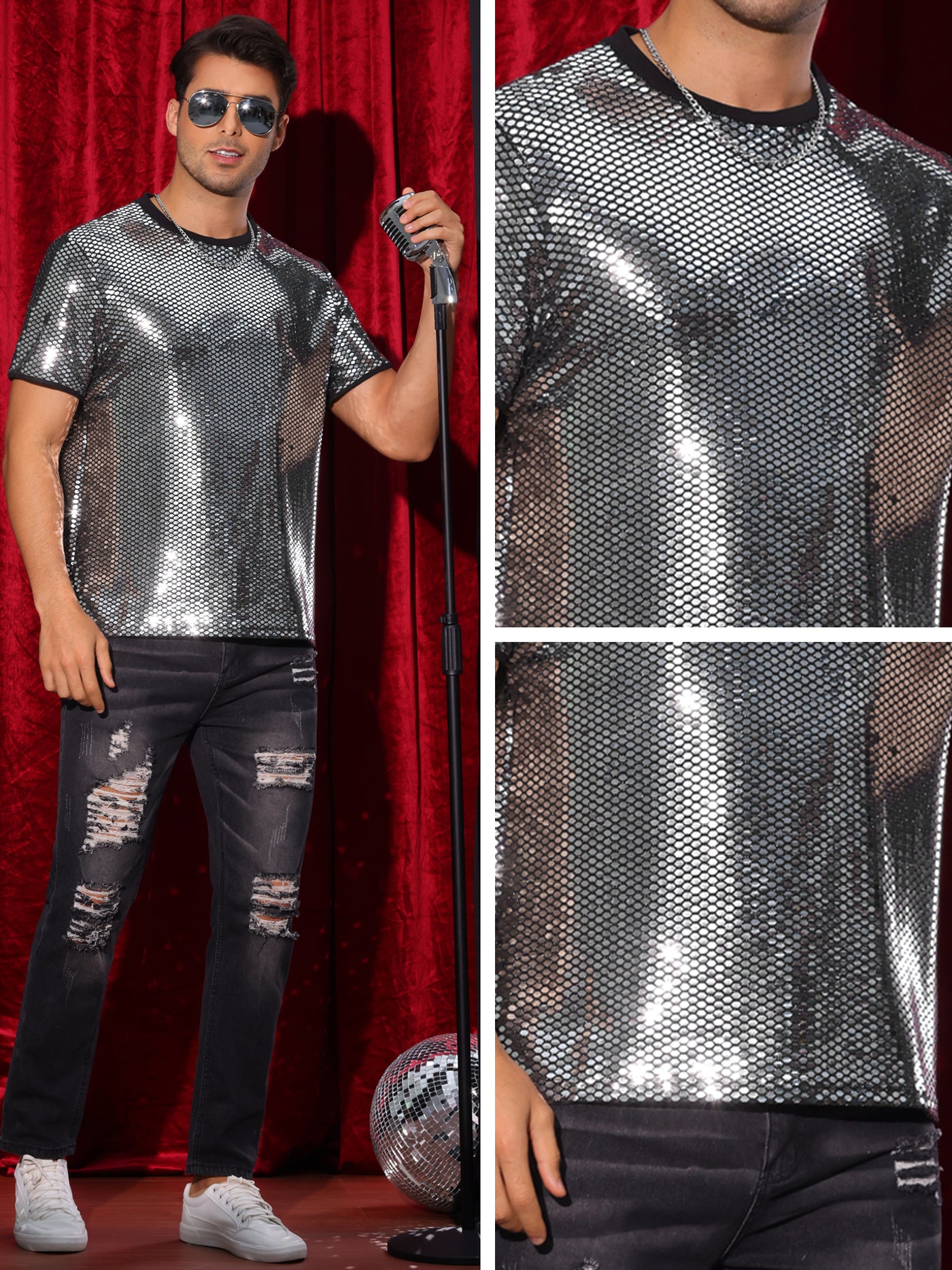 Bublédon Sequin T Shirt for Men's Party Short Sleeve Metallic Tops Club Trendy Glitter T-Shirts