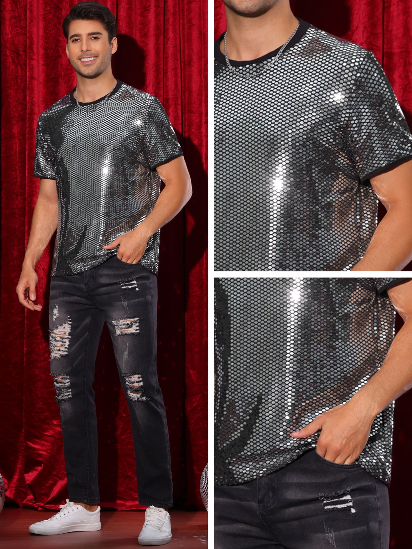 Bublédon Sequin T Shirt for Men's Party Short Sleeve Metallic Tops Club Trendy Glitter T-Shirts