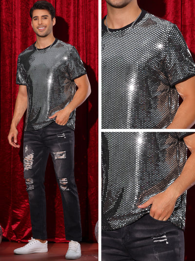 Sequin T Shirt for Men's Party Short Sleeve Metallic Tops Club Trendy Glitter T-Shirts