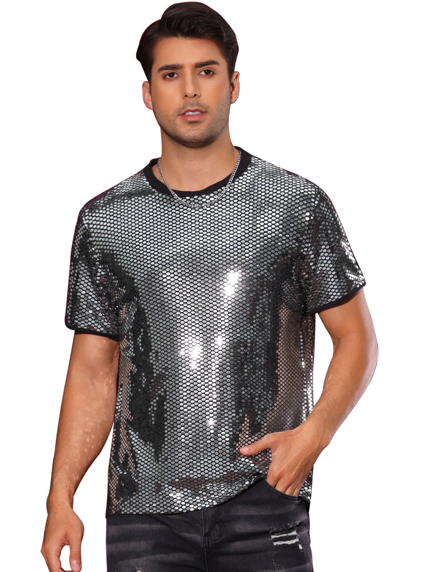 Bublédon Sequin T Shirt for Men's Party Short Sleeve Metallic Tops Club Trendy Glitter T-Shirts