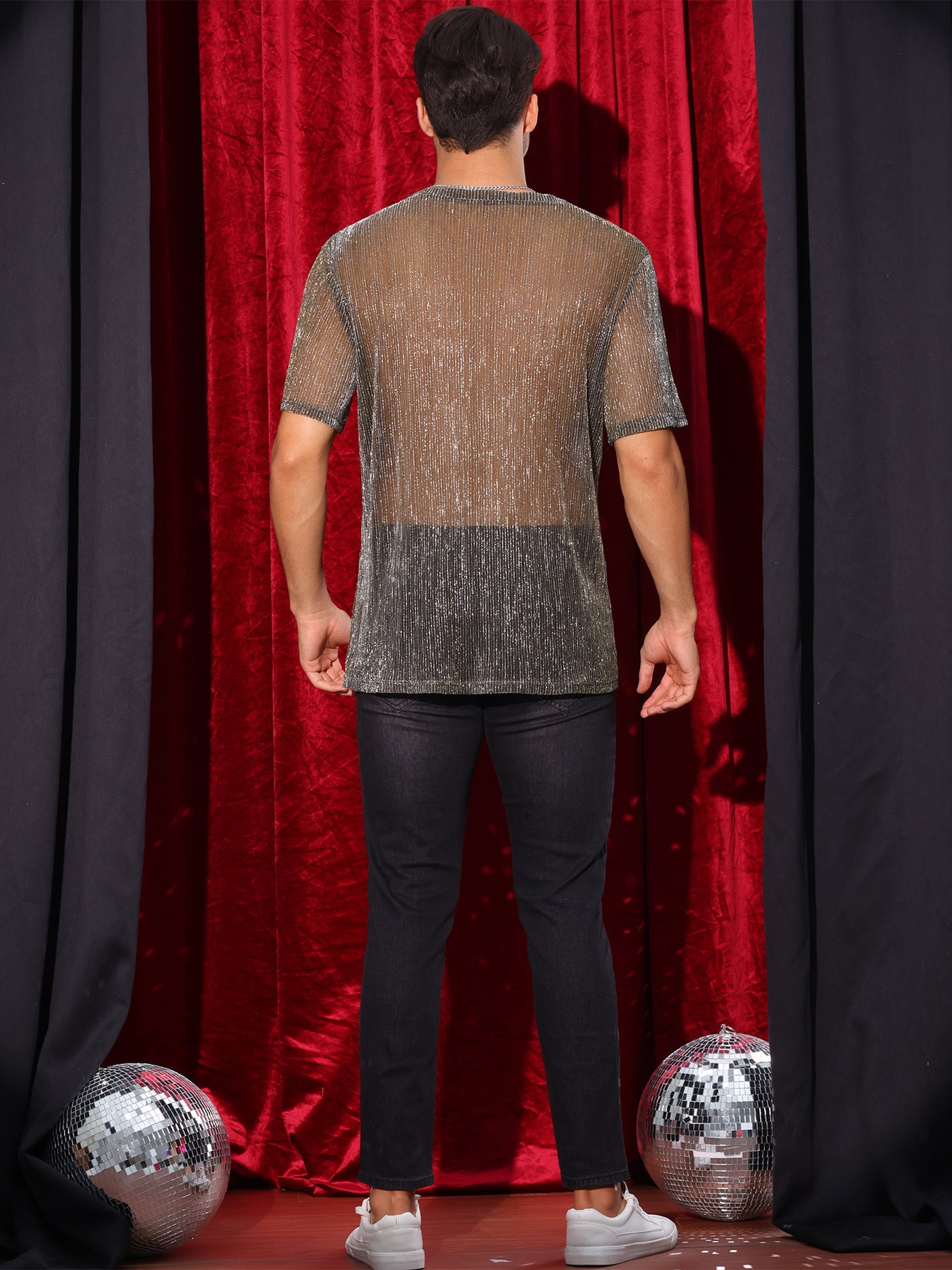 Bublédon Glitter Mesh Sheer T Shirt for Men's See Through Short Sleeve Party Clubwear Holiday Shiny T-Shirt