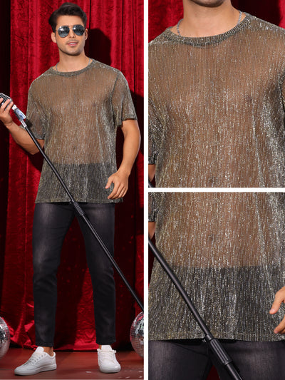 Glitter Mesh Sheer T Shirt for Men's See Through Short Sleeve Party Clubwear Holiday Shiny T-Shirt