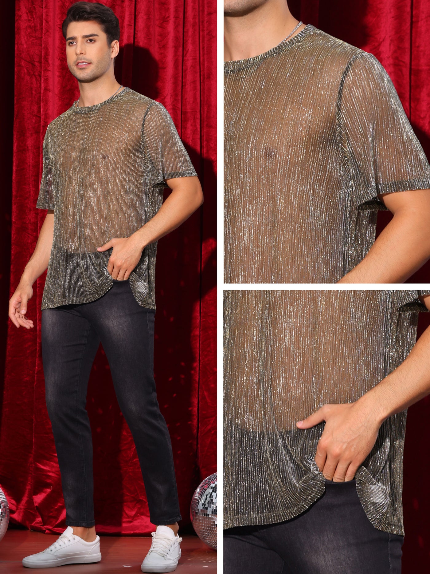 Bublédon Glitter Mesh Sheer T Shirt for Men's See Through Short Sleeve Party Clubwear Holiday Shiny T-Shirt