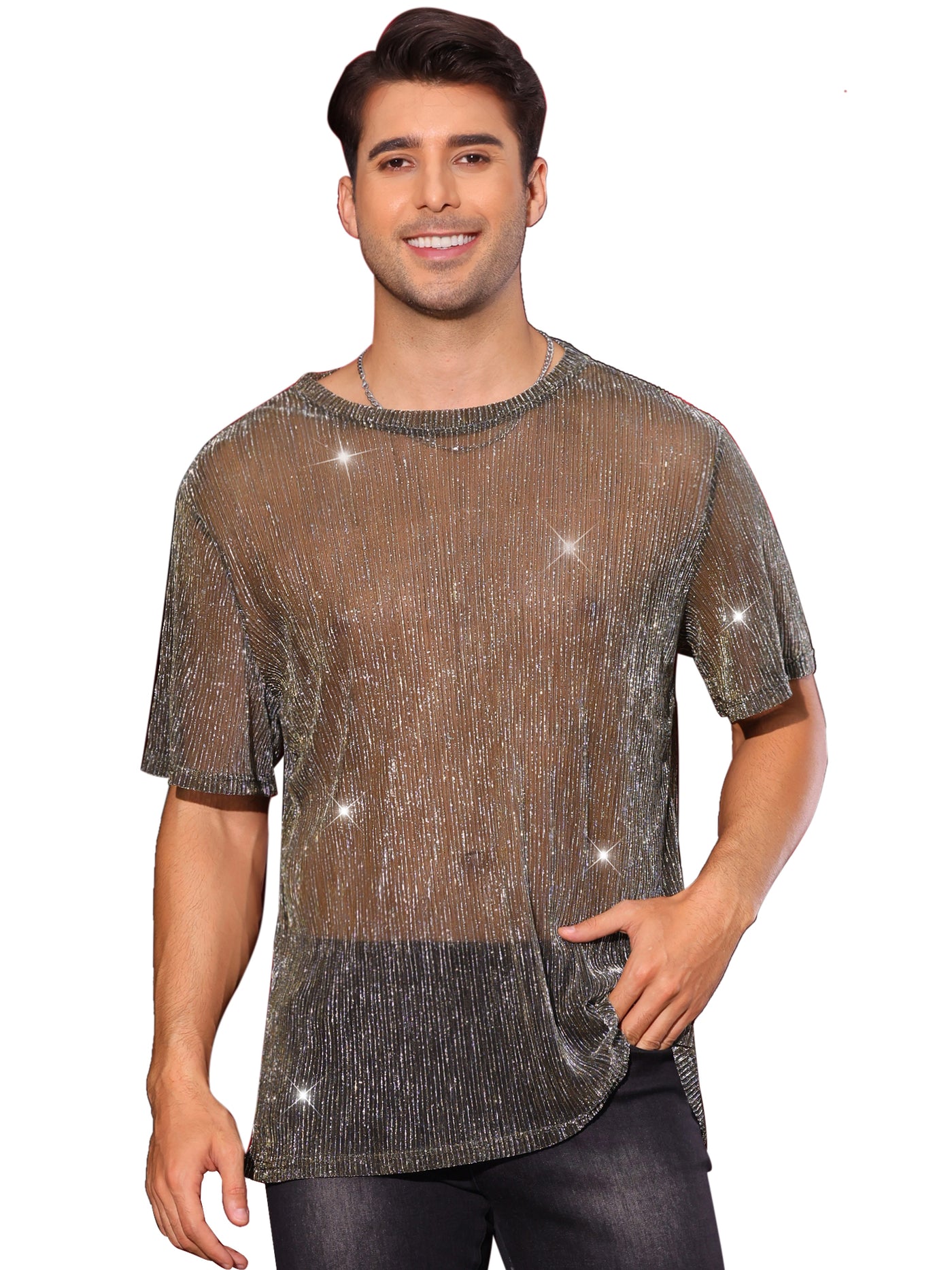 Bublédon Glitter Mesh Sheer T Shirt for Men's See Through Short Sleeve Party Clubwear Holiday Shiny T-Shirt