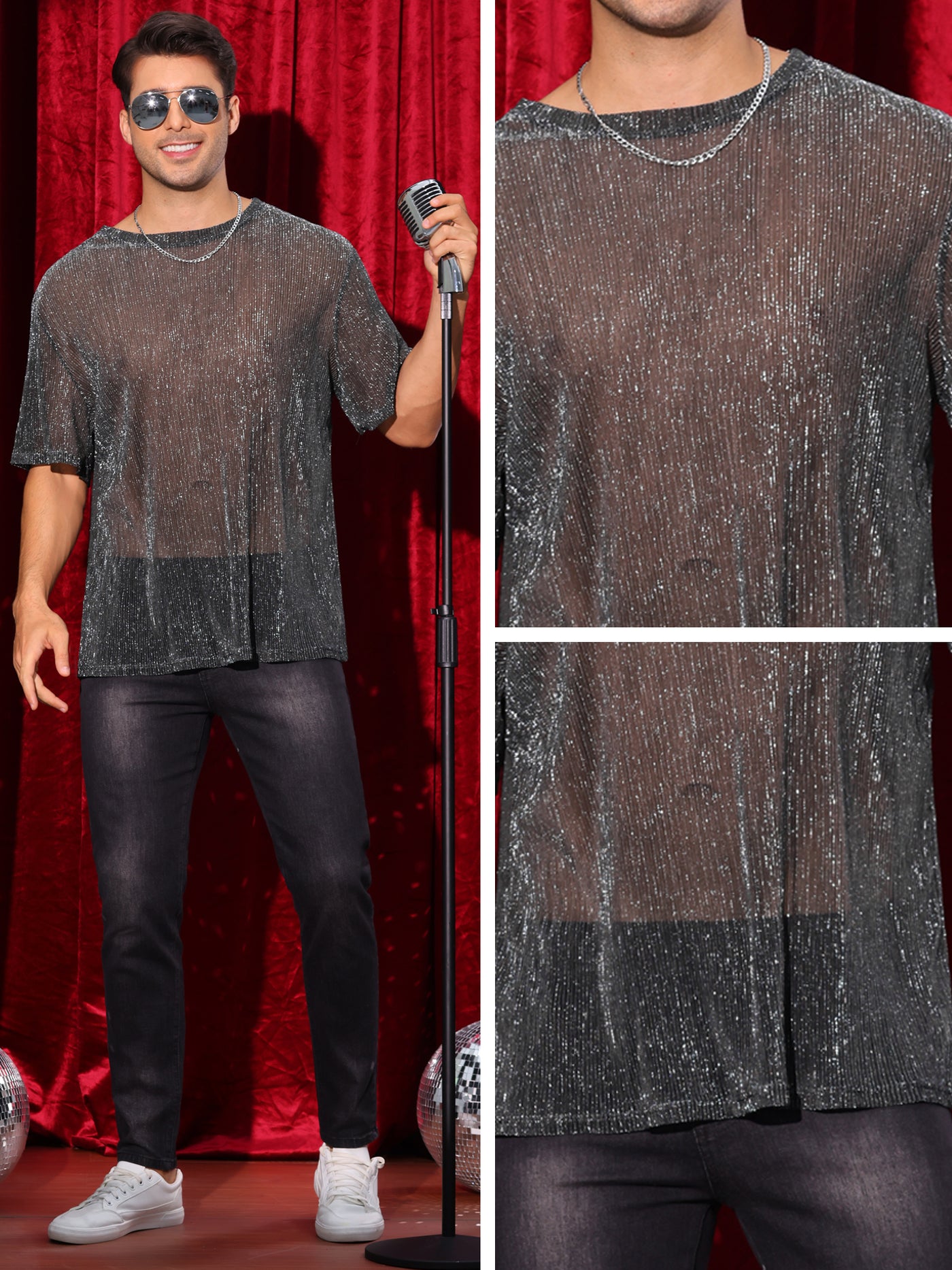 Bublédon Glitter Mesh Sheer T Shirt for Men's See Through Short Sleeve Party Clubwear Holiday Shiny T-Shirt