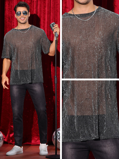 Glitter Mesh Sheer T Shirt for Men's See Through Short Sleeve Party Clubwear Holiday Shiny T-Shirt