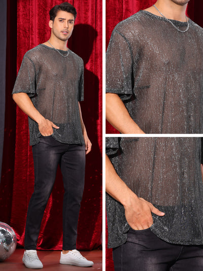 Glitter Mesh Sheer T Shirt for Men's See Through Short Sleeve Party Clubwear Holiday Shiny T-Shirt