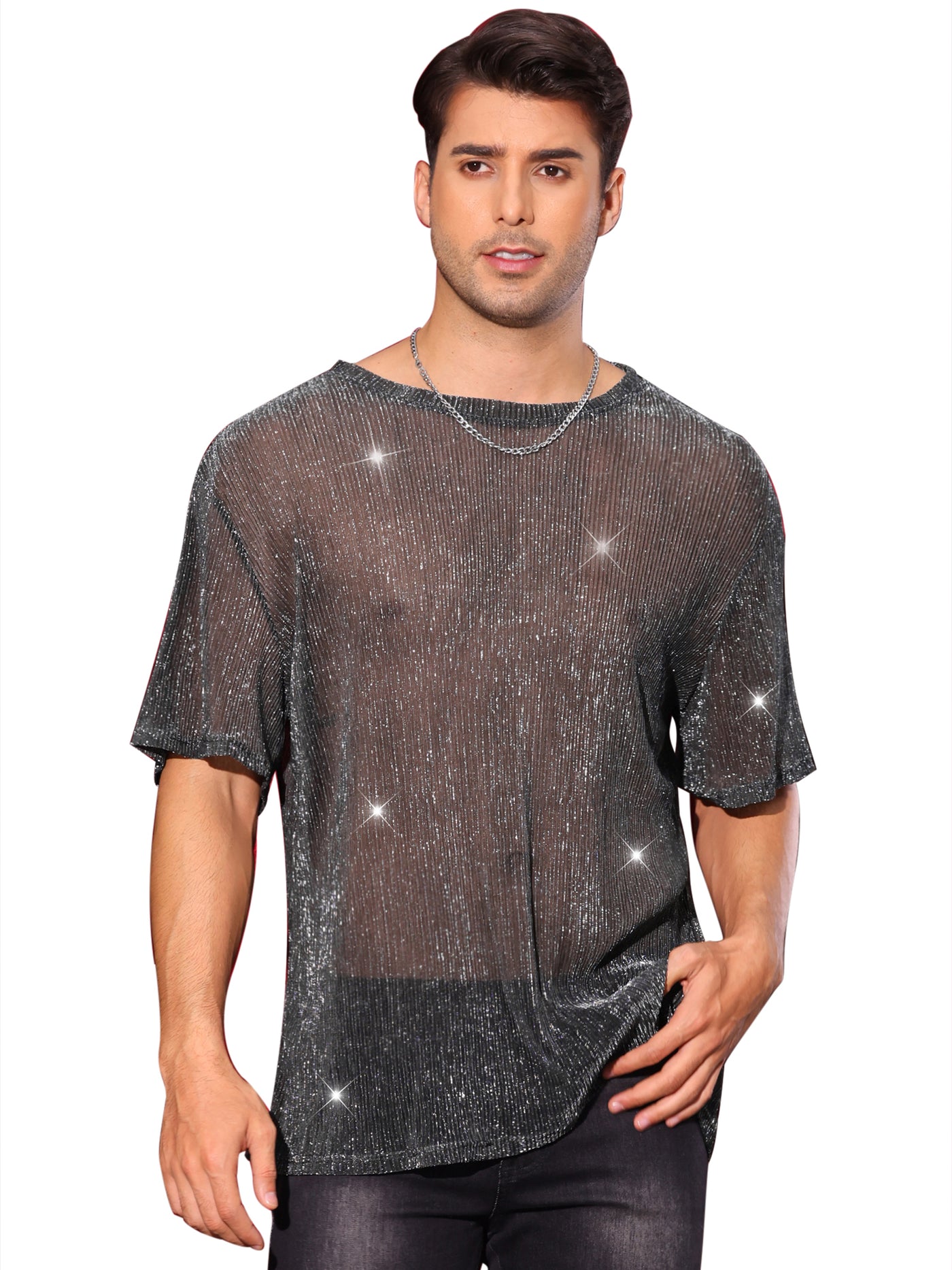 Bublédon Glitter Mesh Sheer T Shirt for Men's See Through Short Sleeve Party Clubwear Holiday Shiny T-Shirt