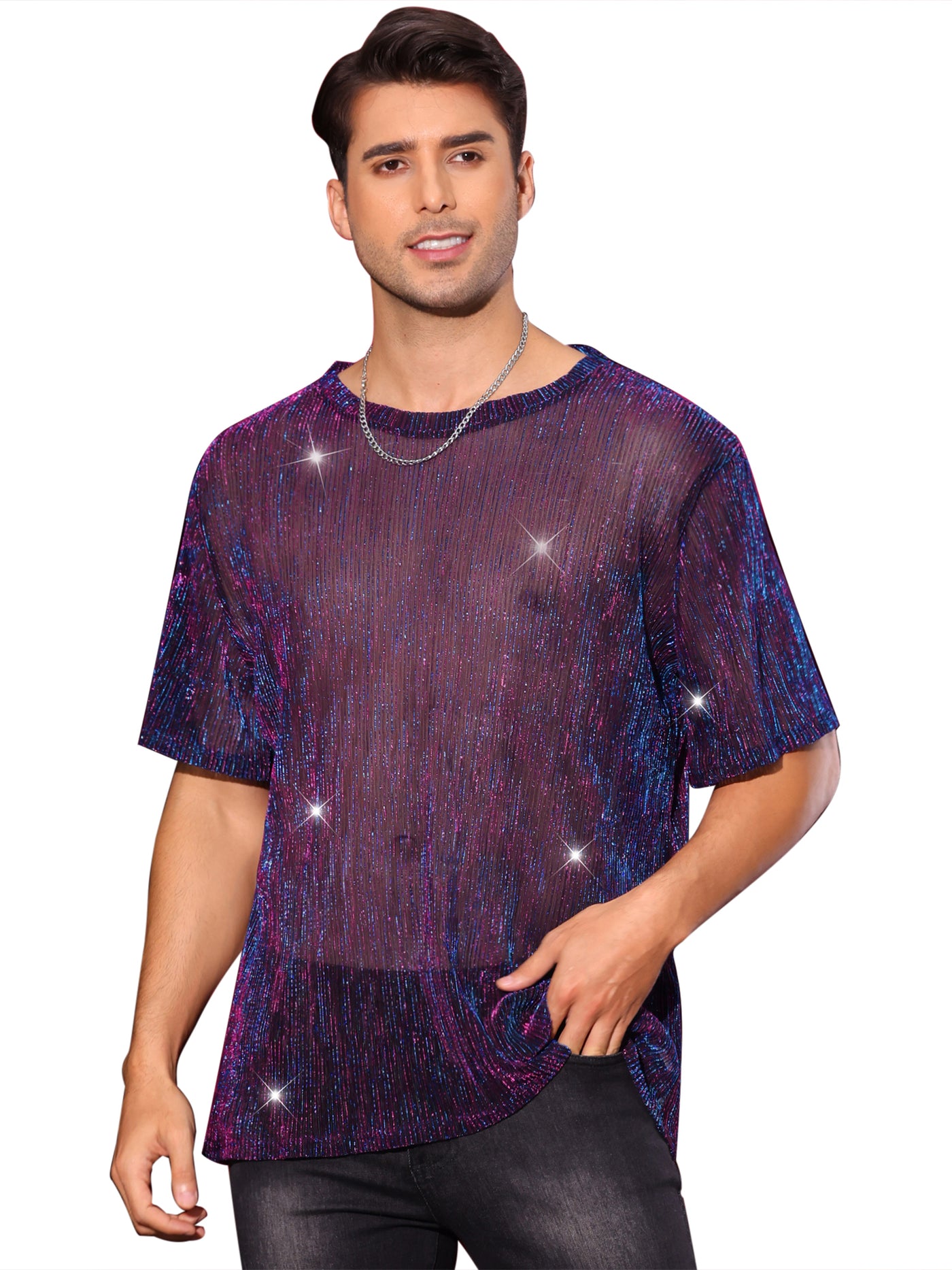 Bublédon Glitter Mesh Sheer T Shirt for Men's See Through Short Sleeve Party Clubwear Holiday Shiny T-Shirt