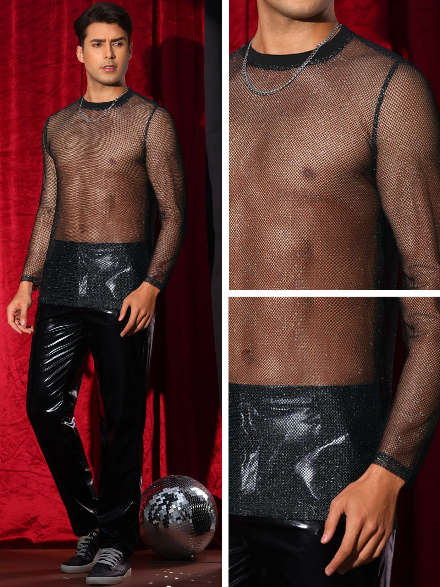 Bublédon Glitter Mesh T Shirt for Men's See Through Long Sleeve Clubwear Party Sparkly T-shirt