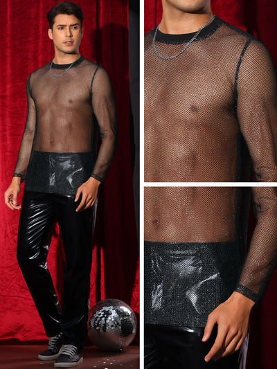 Glitter Mesh T Shirt for Men's See Through Long Sleeve Clubwear Party Sparkly T-shirt