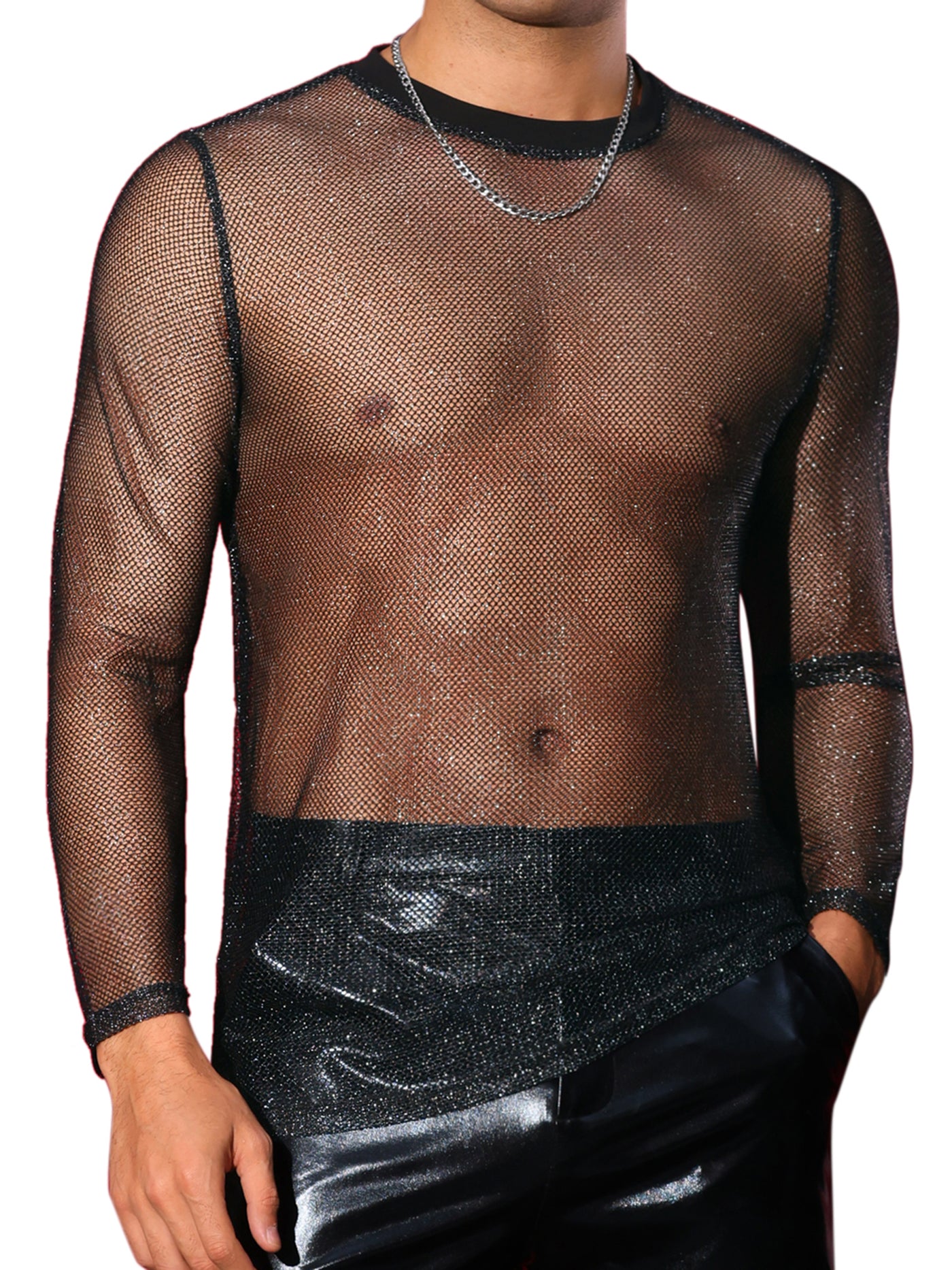 Bublédon Glitter Mesh T Shirt for Men's See Through Long Sleeve Clubwear Party Sparkly T-shirt