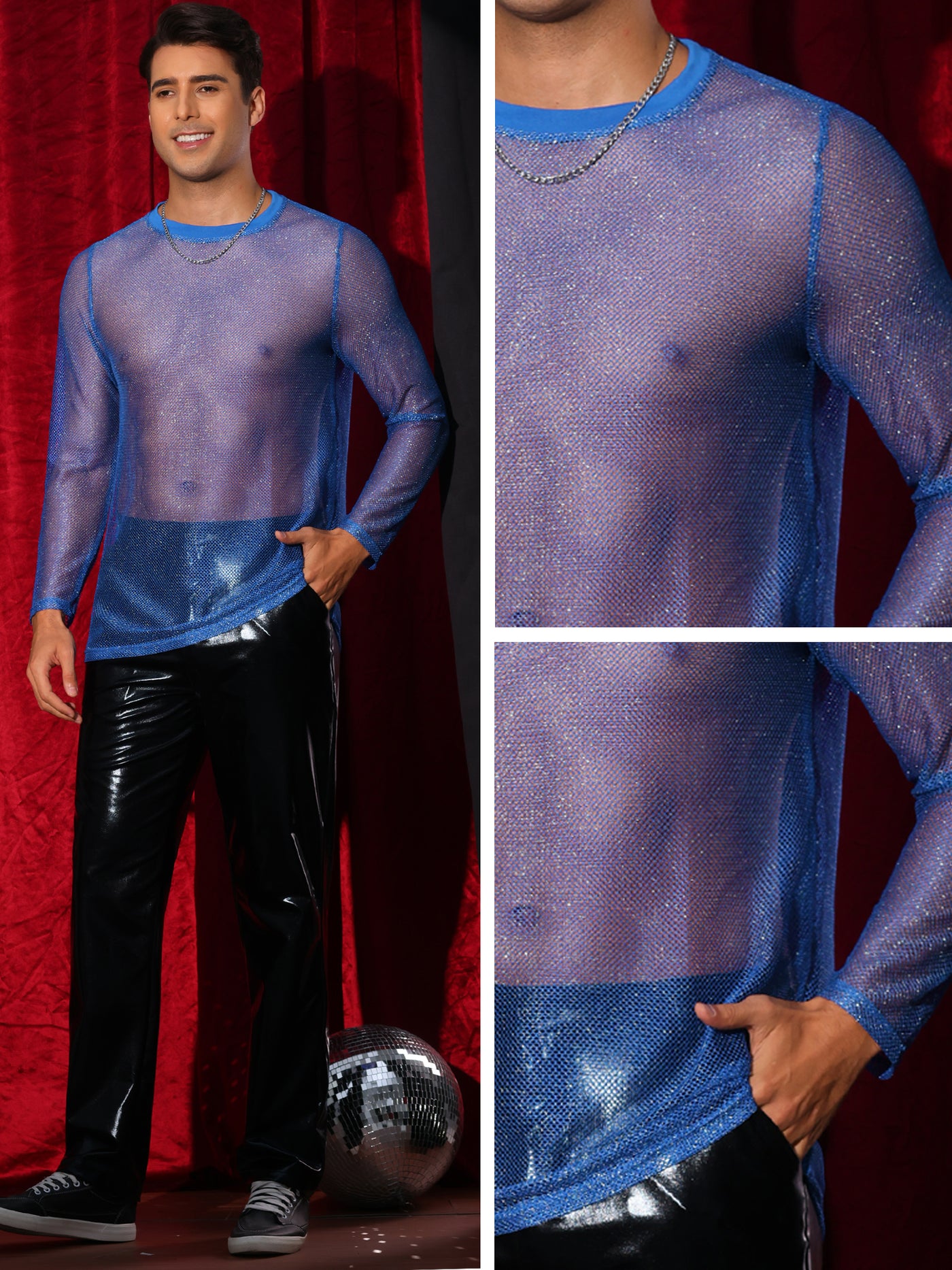 Bublédon Glitter Mesh T Shirt for Men's See Through Long Sleeve Clubwear Party Sparkly T-shirt